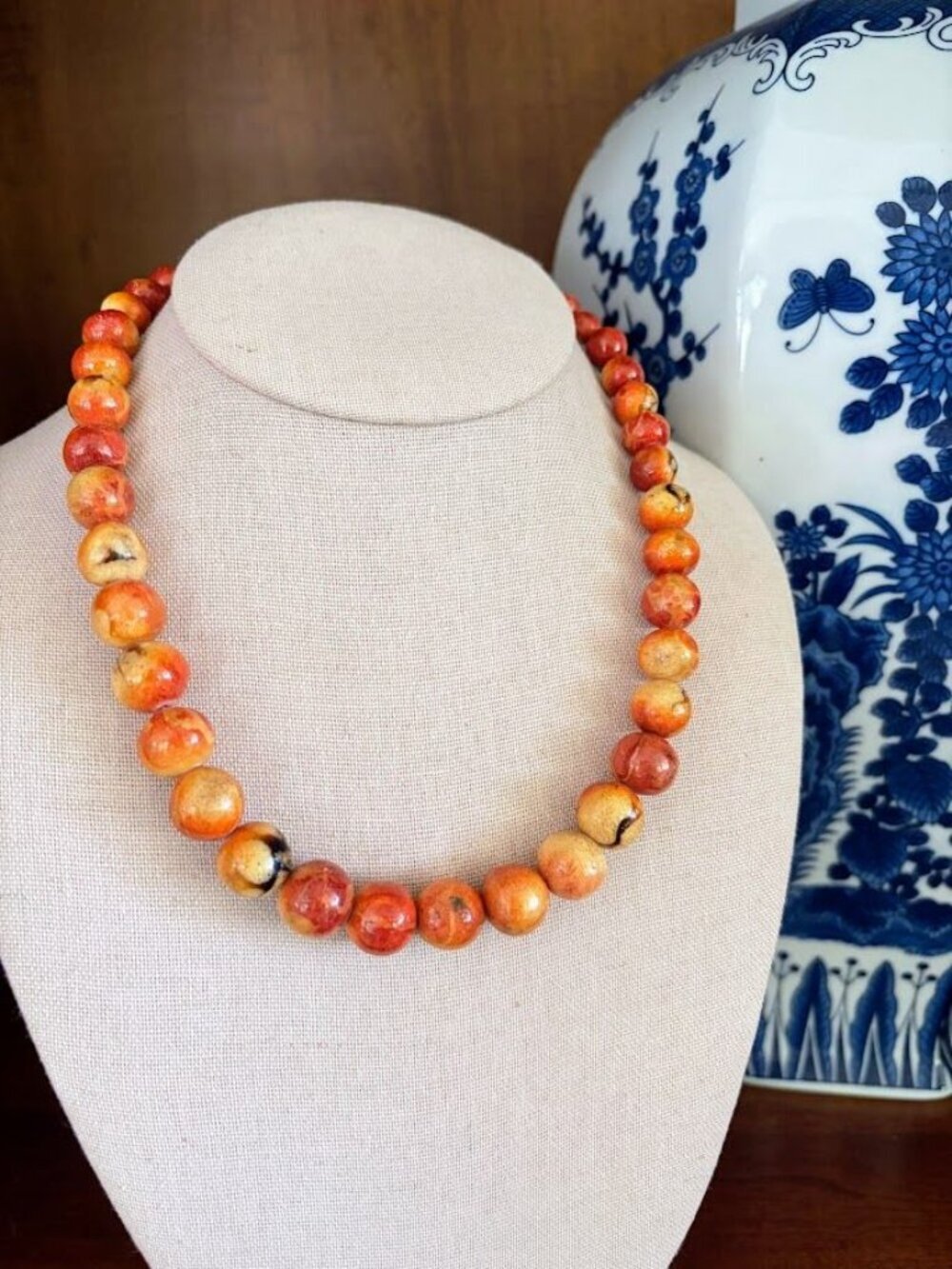 Vintage Orange Tagua Nut Bead Necklace 18" Natural Eco Statement Boho